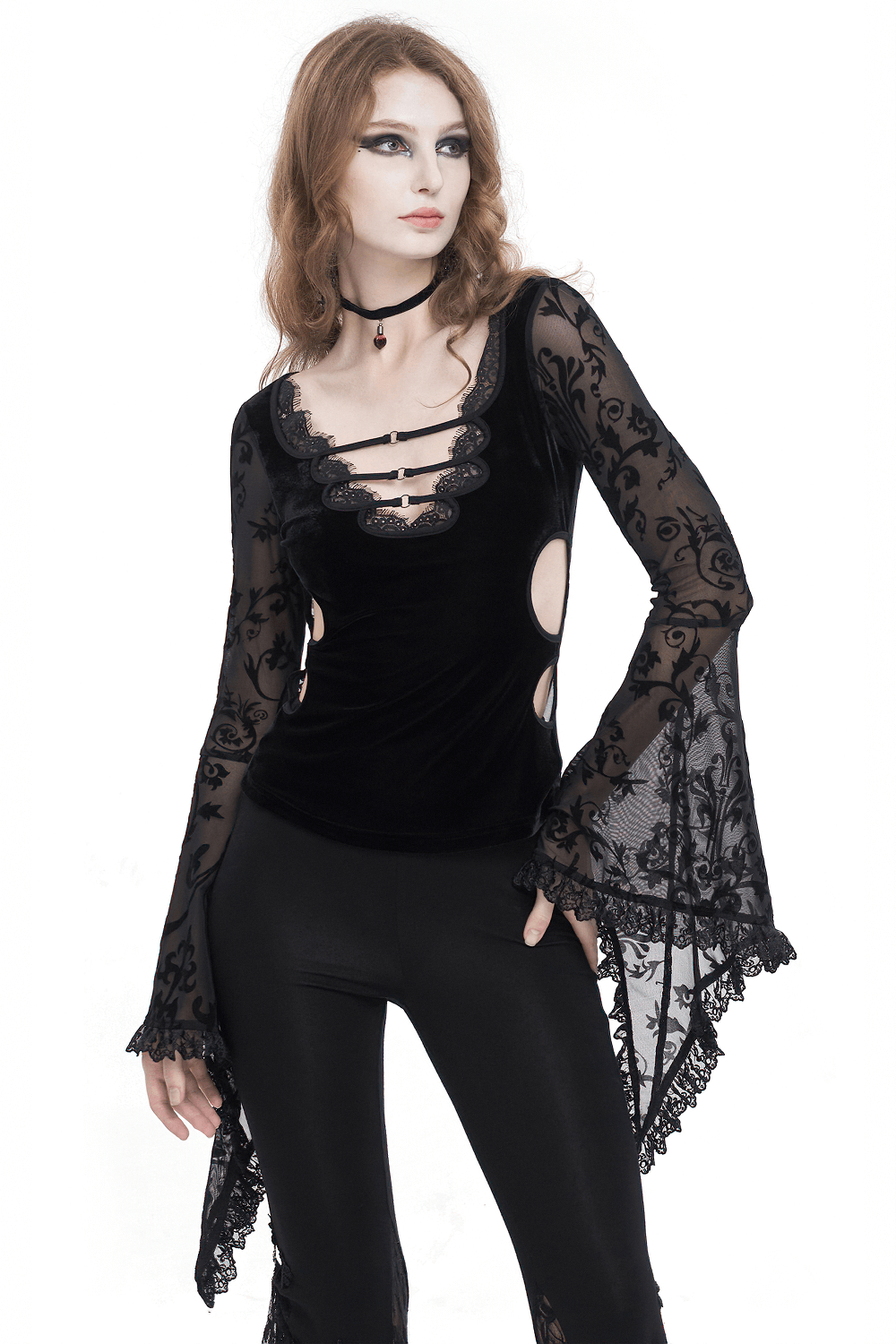 Sexy Deep V-Neck Lace Top With Flared Sleeves / Vintage Floral Pattern Tops