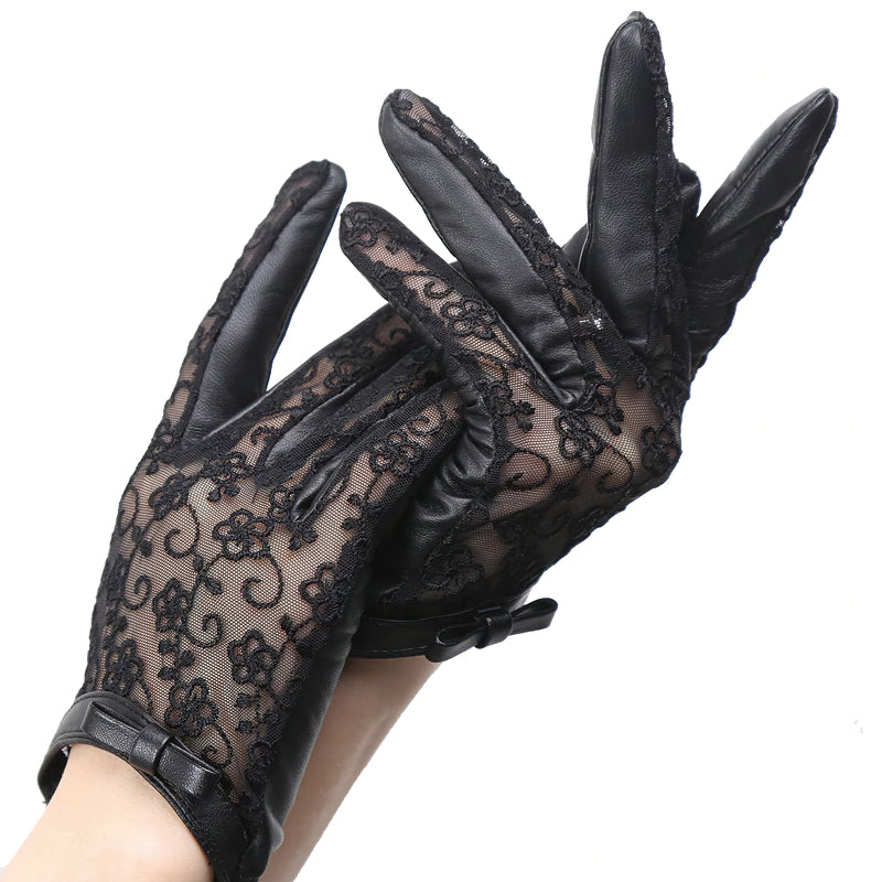 Sexy Fashion Women's Genuine Leather Gloves / Elegant Black Lace Gloves with Bow