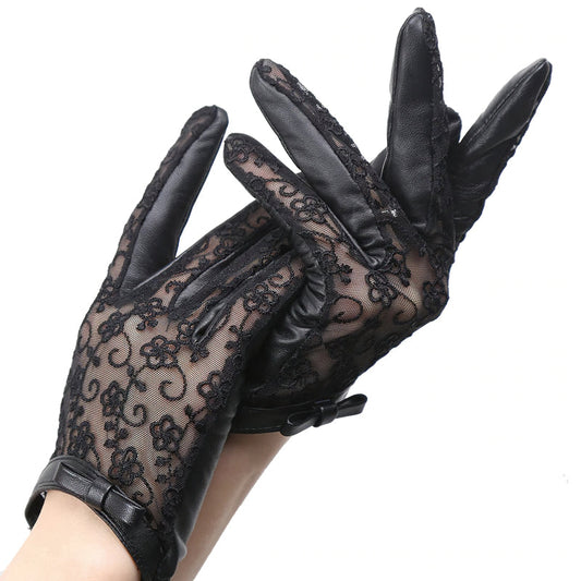 Sexy Fashion Women's Genuine Leather Gloves / Elegant Black Lace Gloves with Bow
