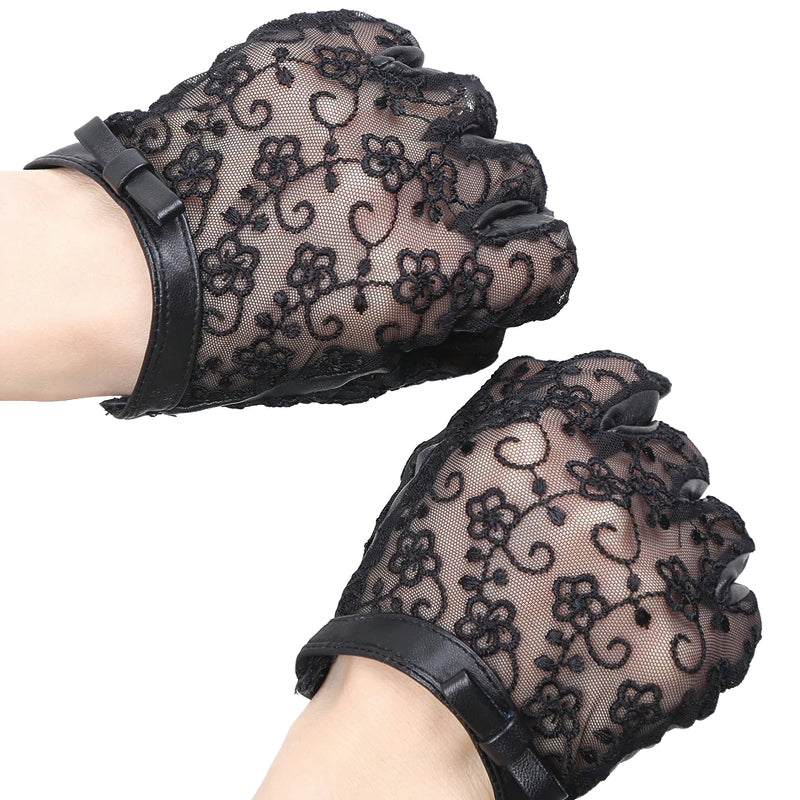 Sexy Fashion Women's Genuine Leather Gloves / Elegant Black Lace Gloves with Bow