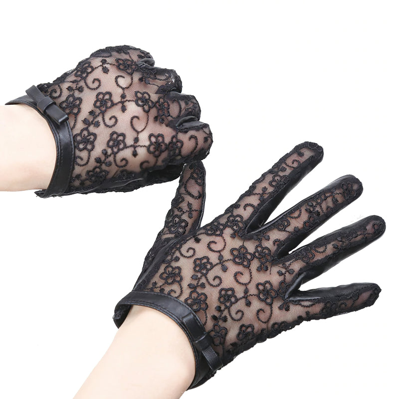 Sexy Fashion Women's Genuine Leather Gloves / Elegant Black Lace Gloves with Bow