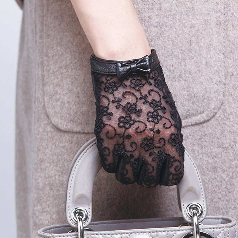 Sexy Fashion Women's Genuine Leather Gloves / Elegant Black Lace Gloves with Bow
