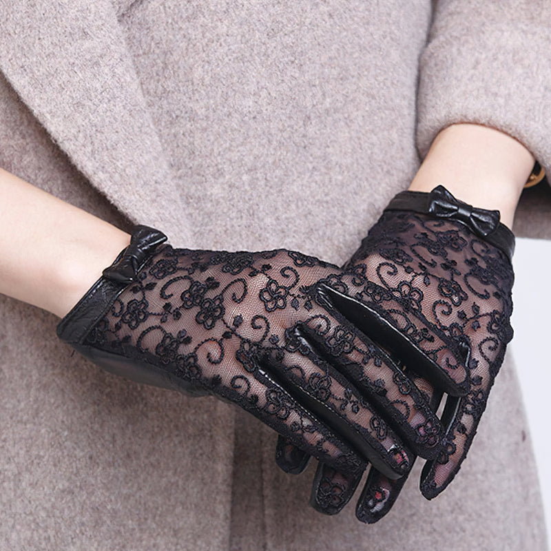 Sexy Fashion Women's Genuine Leather Gloves / Elegant Black Lace Gloves with Bow