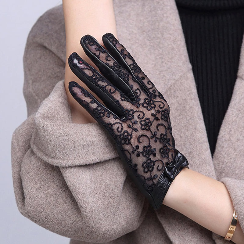 Sexy Fashion Women's Genuine Leather Gloves / Elegant Black Lace Gloves with Bow