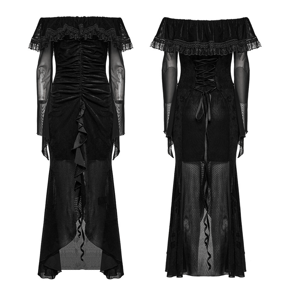 Sexy Goth Mesh Dress with Ruffle and Fishtail Hem Design