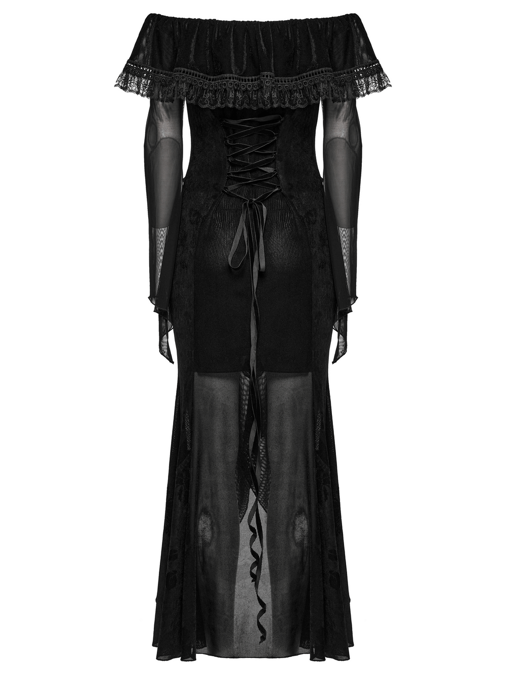 Sexy Goth Mesh Dress with Ruffle and Fishtail Hem Design