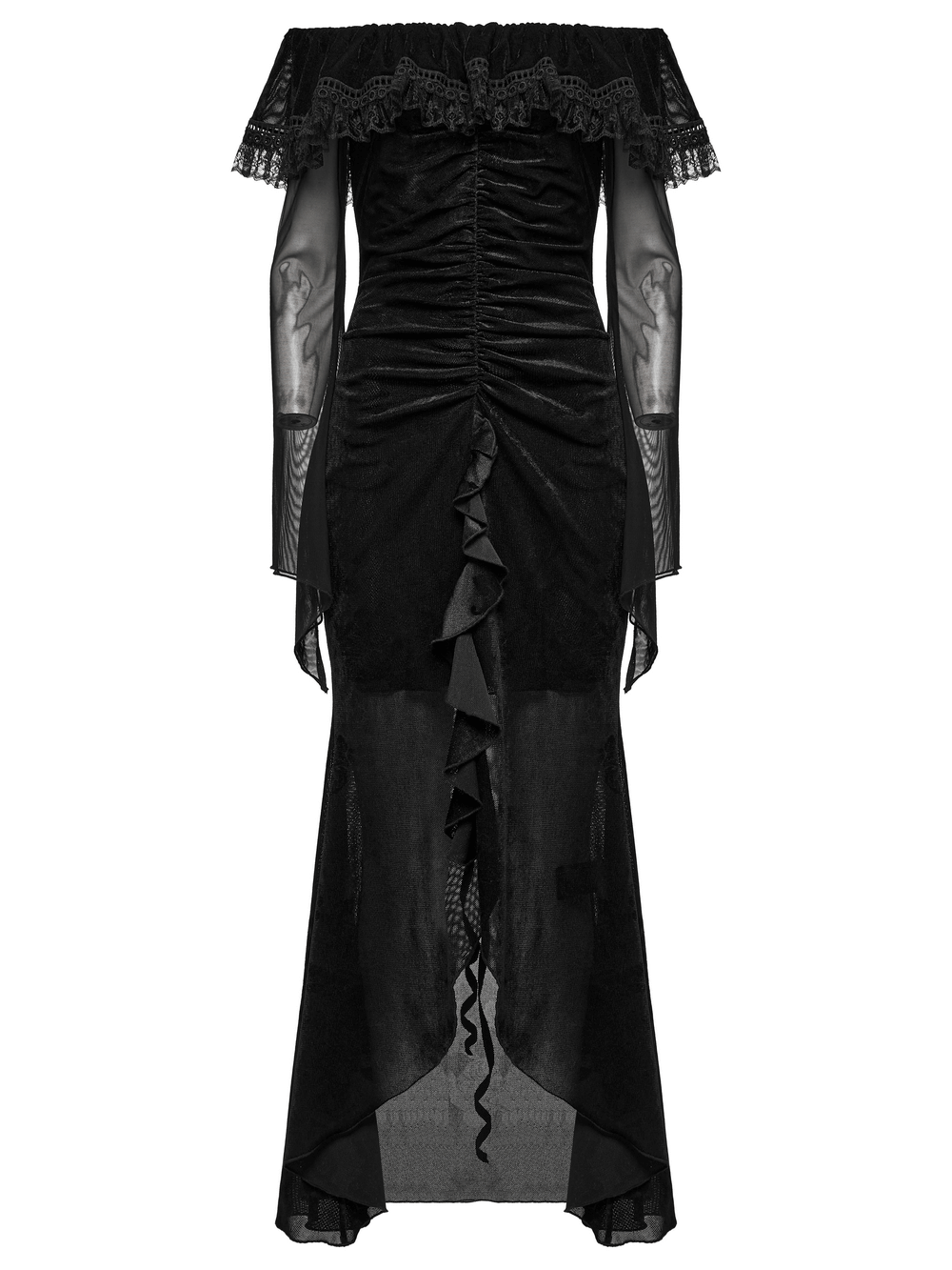 Sexy Goth Mesh Dress with Ruffle and Fishtail Hem Design