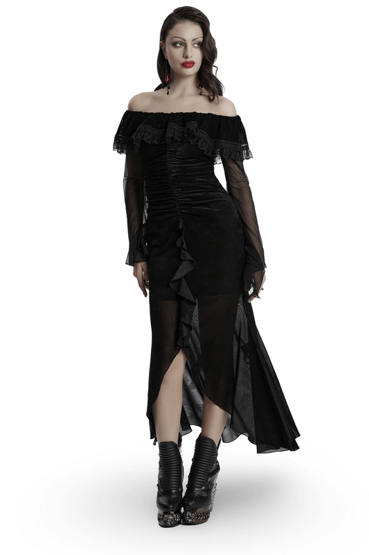 Sexy Goth Mesh Dress with Ruffle and Fishtail Hem Design