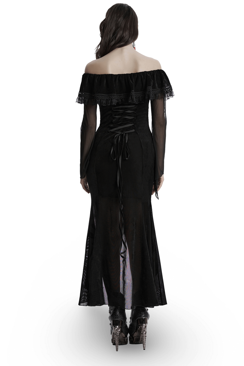 Sexy Goth Mesh Dress with Ruffle and Fishtail Hem Design