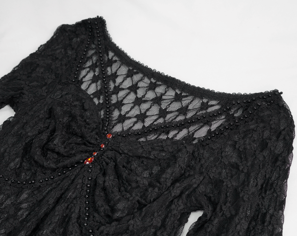 Sexy Gothic Lace Transparent Top with Red Grystals / Punk Black Long Sleeves Top for Women
