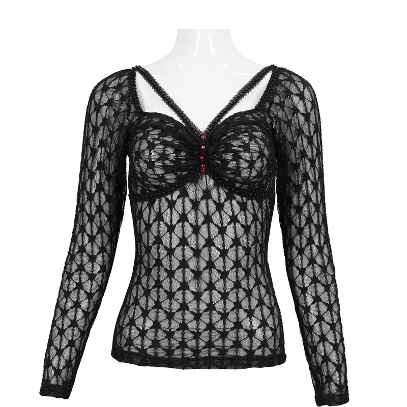 Sexy Gothic Lace Transparent Top with Red Grystals / Punk Black Long Sleeves Top for Women