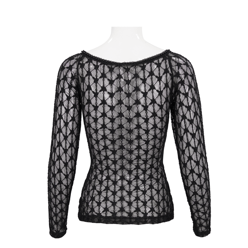 Sexy Gothic Lace Transparent Top with Red Grystals / Punk Black Long Sleeves Top for Women