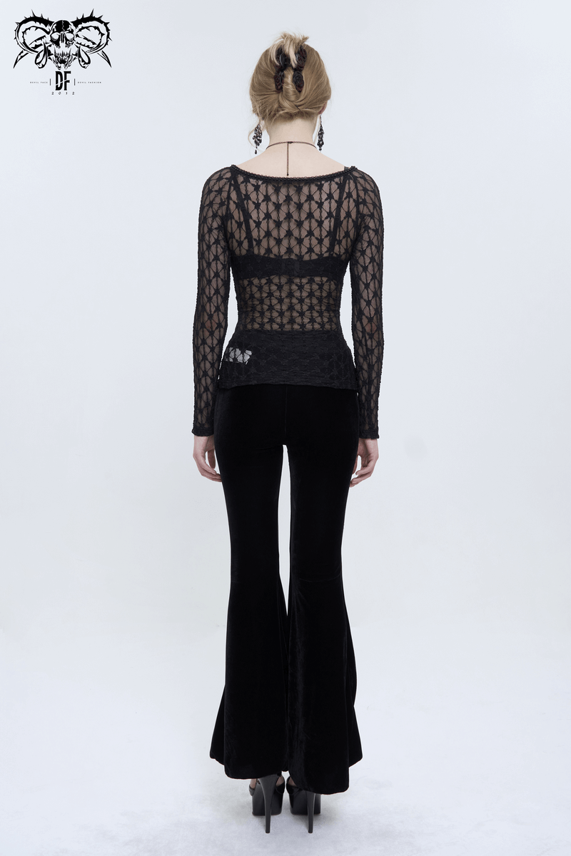 Sexy Gothic Lace Transparent Top with Red Grystals / Punk Black Long Sleeves Top for Women