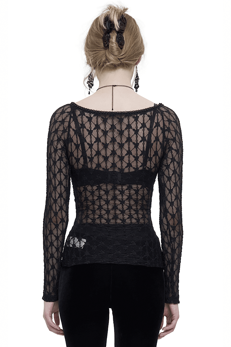 Sexy Gothic Lace Transparent Top with Red Grystals / Punk Black Long Sleeves Top for Women