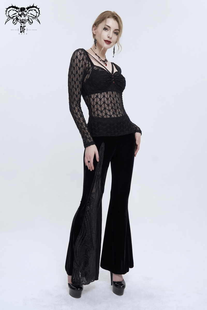 Sexy Gothic Lace Transparent Top with Red Grystals / Punk Black Long Sleeves Top for Women