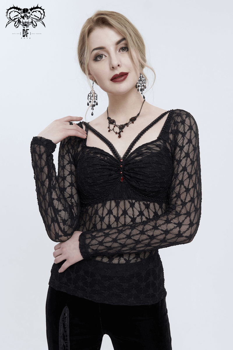 Sexy Gothic Lace Transparent Top with Red Grystals / Punk Black Long Sleeves Top for Women