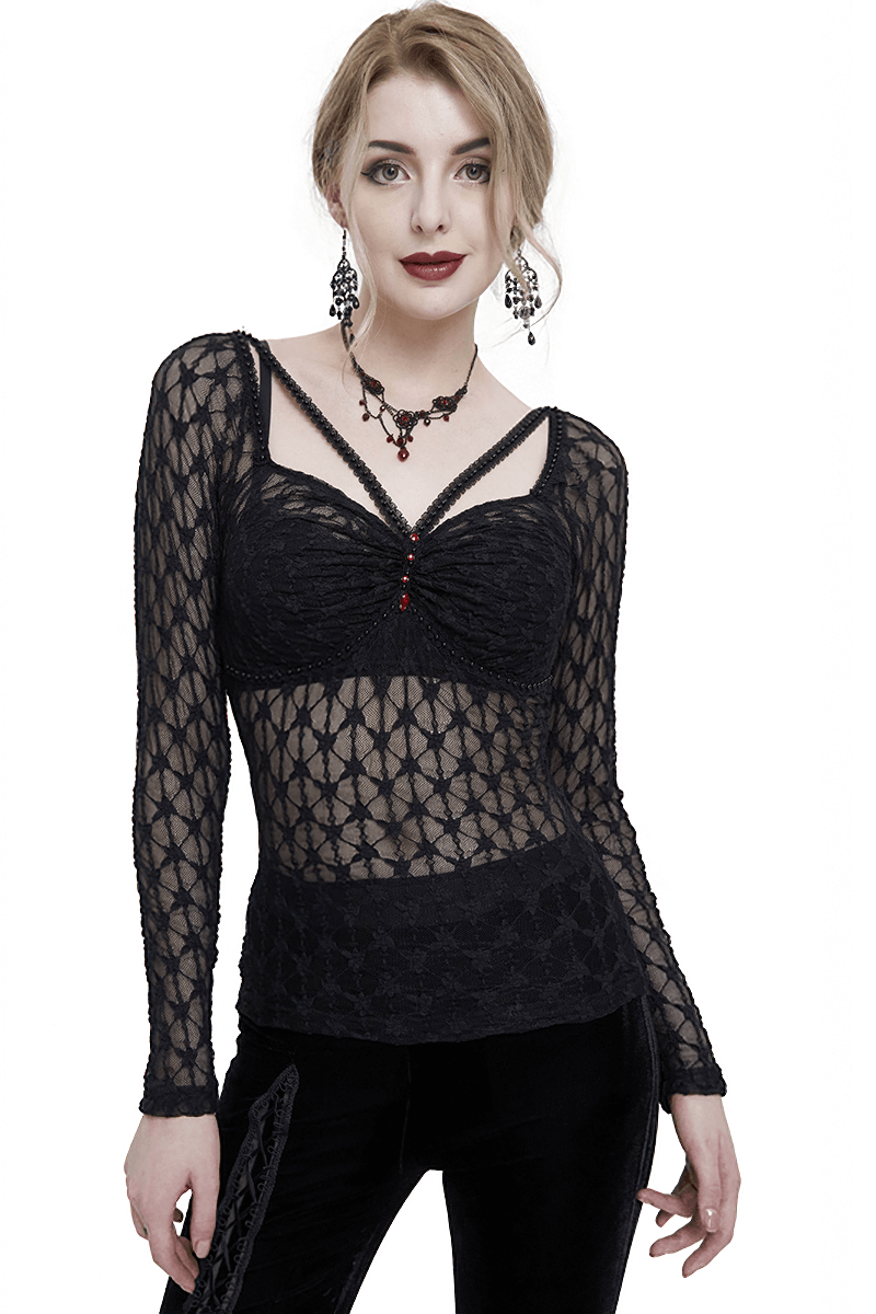 Sexy Gothic Lace Transparent Top with Red Grystals / Punk Black Long Sleeves Top for Women