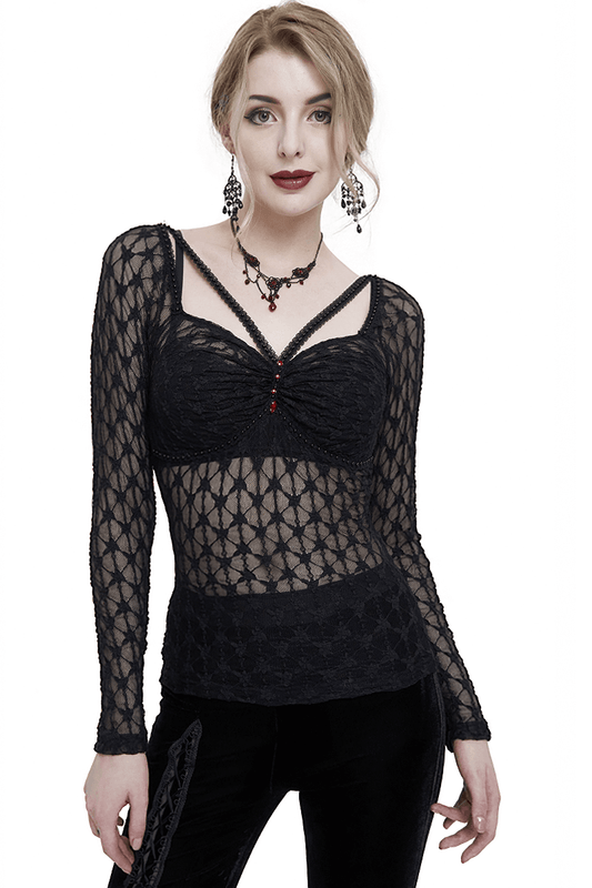 Sexy Gothic Lace Transparent Top with Red Grystals / Punk Black Long Sleeves Top for Women