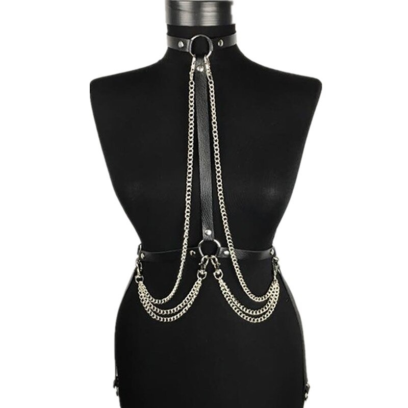 Sexy Gothic Leather Body Harness Chest with Chain / Erotic Women's Bdsm Belts
