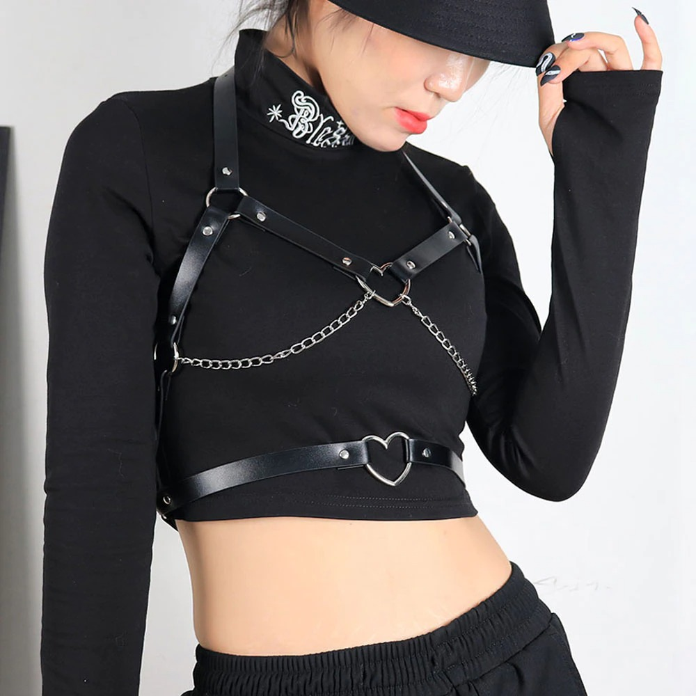 Sexy Gothic Suspender Belt Bra with Chain / Woman's Leather Bondage for Body Bdsm