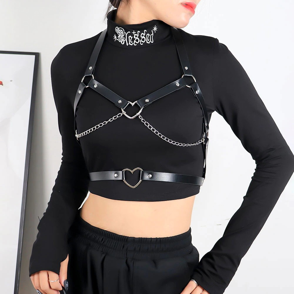 Sexy Gothic Suspender Belt Bra with Chain / Woman's Leather Bondage for Body Bdsm