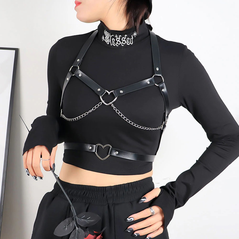 Sexy Gothic Suspender Belt Bra with Chain / Woman's Leather Bondage for Body Bdsm