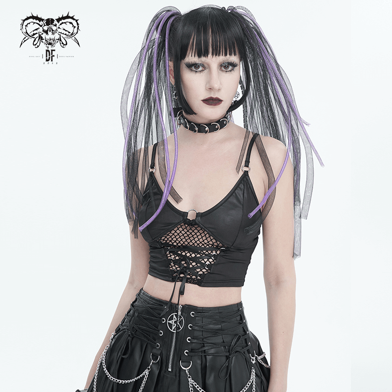 Sexy Grunge Camis with Lace-up and Net Front / Women's Crop Top with Adjustable Shoulder Straps