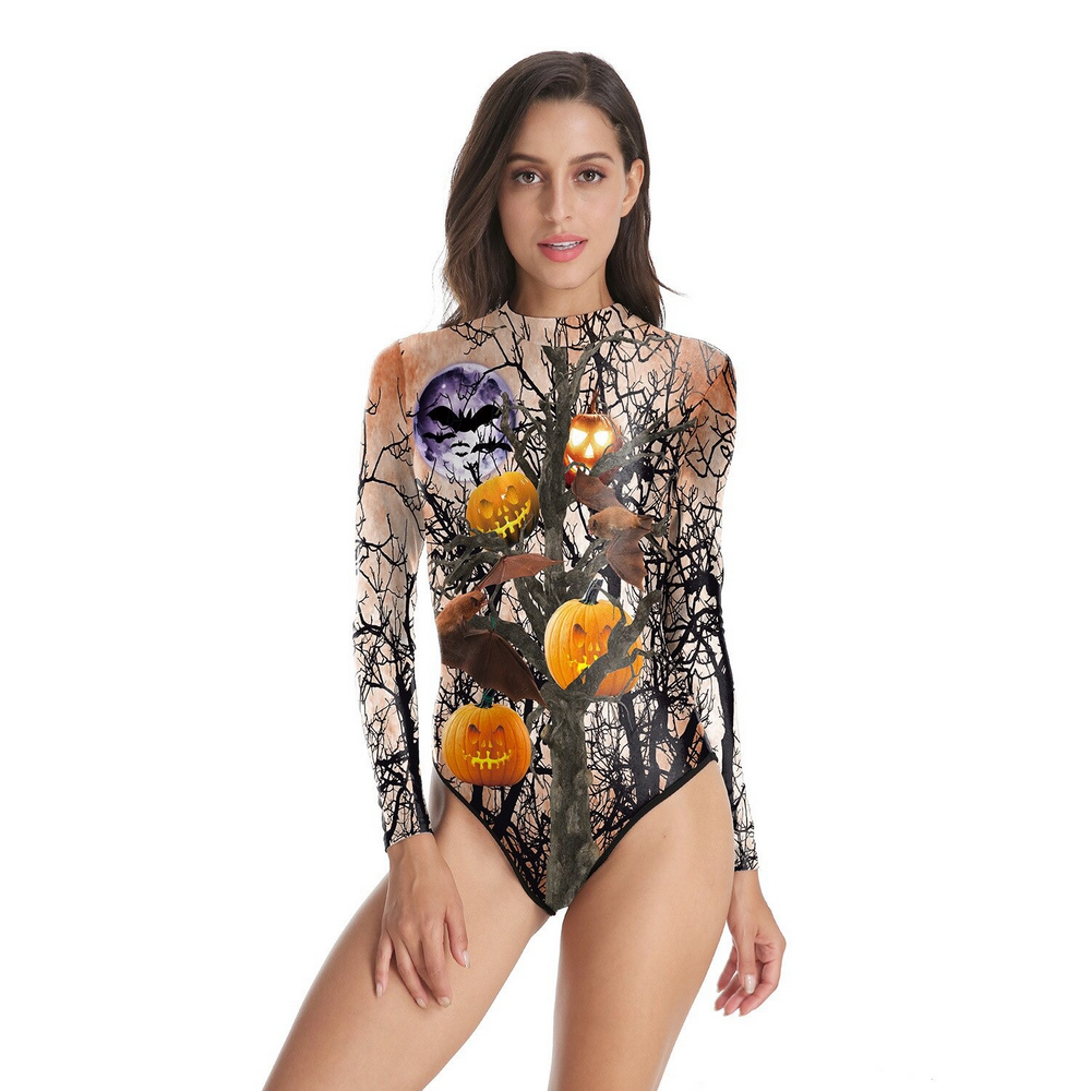 Sexy Halloween Long Sleeve One Piece Swimsuit Printed / Sport Swimwear Swimming Suit for Women