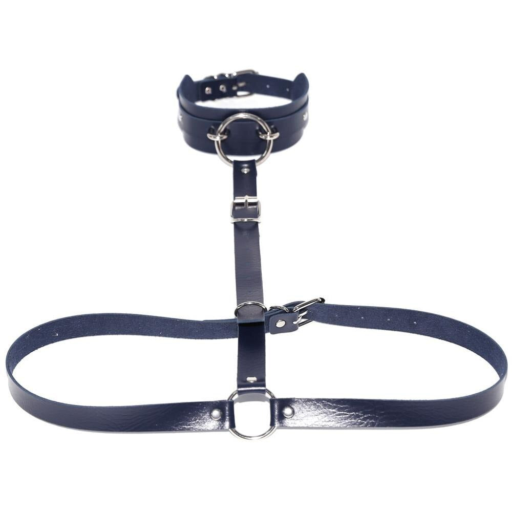 Sexy Harajuku PU Leather Body Harness / Choker Collar With Metal Ring / Cosplay Erotic Outfit