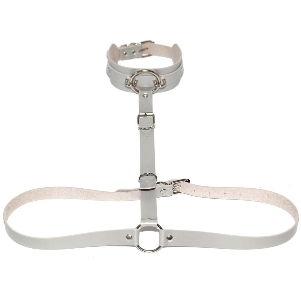 Sexy Harajuku PU Leather Body Harness / Choker Collar With Metal Ring / Cosplay Erotic Outfit