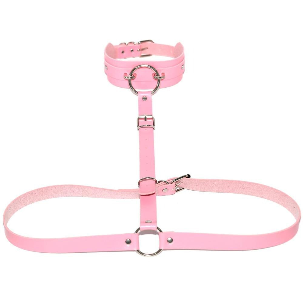 Sexy Harajuku PU Leather Body Harness / Choker Collar With Metal Ring / Cosplay Erotic Outfit