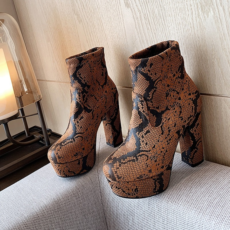 Sexy High Heel Snake Skin Print Ankle Boots / Women's Pointed Toe Platform Shoes / Fashion Female Shoes