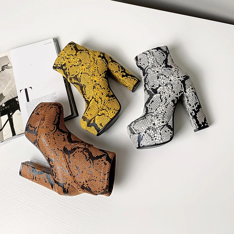 Sexy High Heel Snake Skin Print Ankle Boots / Women's Pointed Toe Platform Shoes / Fashion Female Shoes