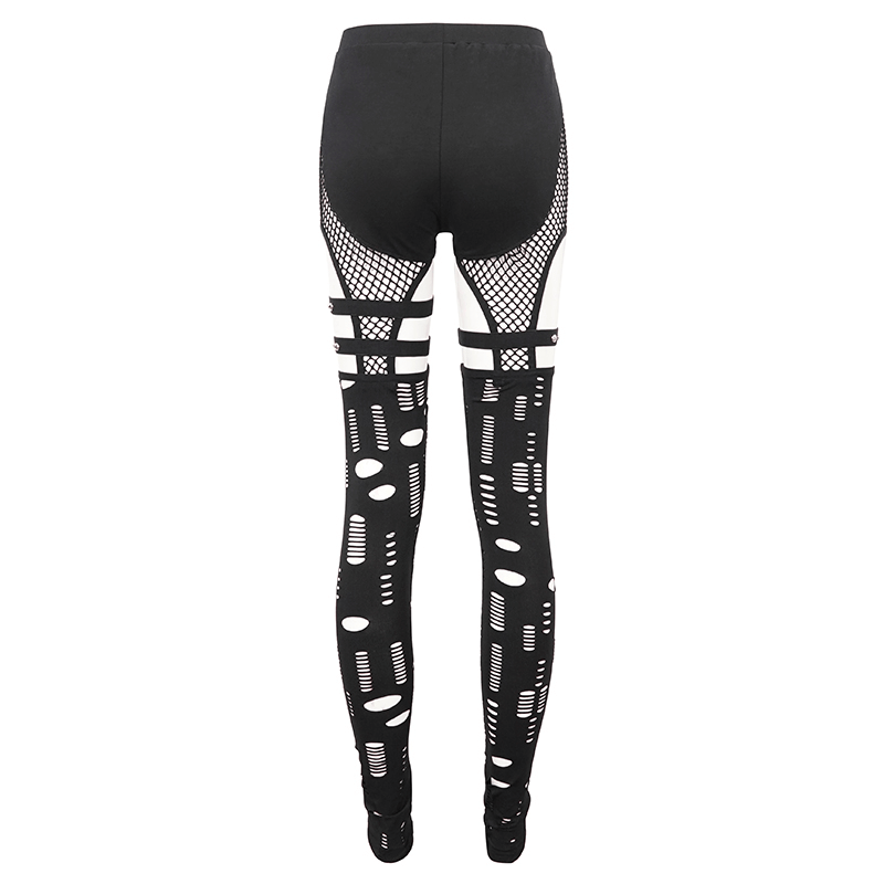 Sexy Hole Net Slim Leggings for Women / Elastic Leggings with Metal Studded Belt Accents on Thigh