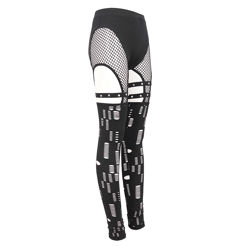 Sexy Hole Net Slim Leggings for Women / Elastic Leggings with Metal Studded Belt Accents on Thigh