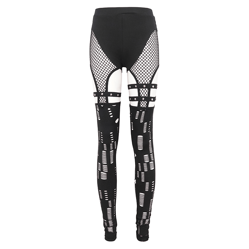 Sexy Hole Net Slim Leggings for Women / Elastic Leggings with Metal Studded Belt Accents on Thigh