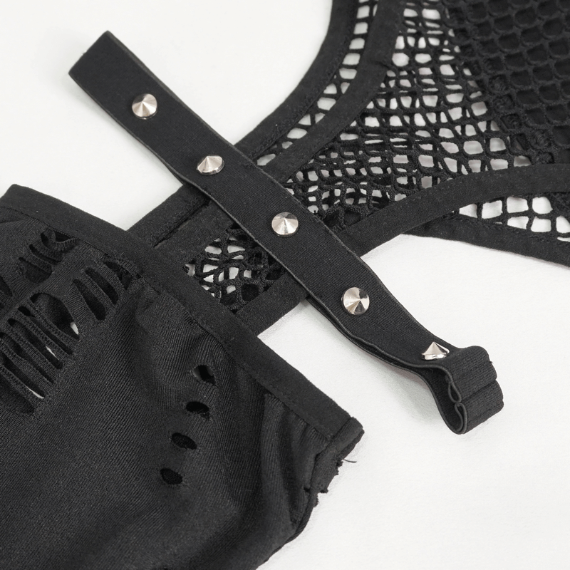 Sexy Hole Net Slim Leggings for Women / Elastic Leggings with Metal Studded Belt Accents on Thigh