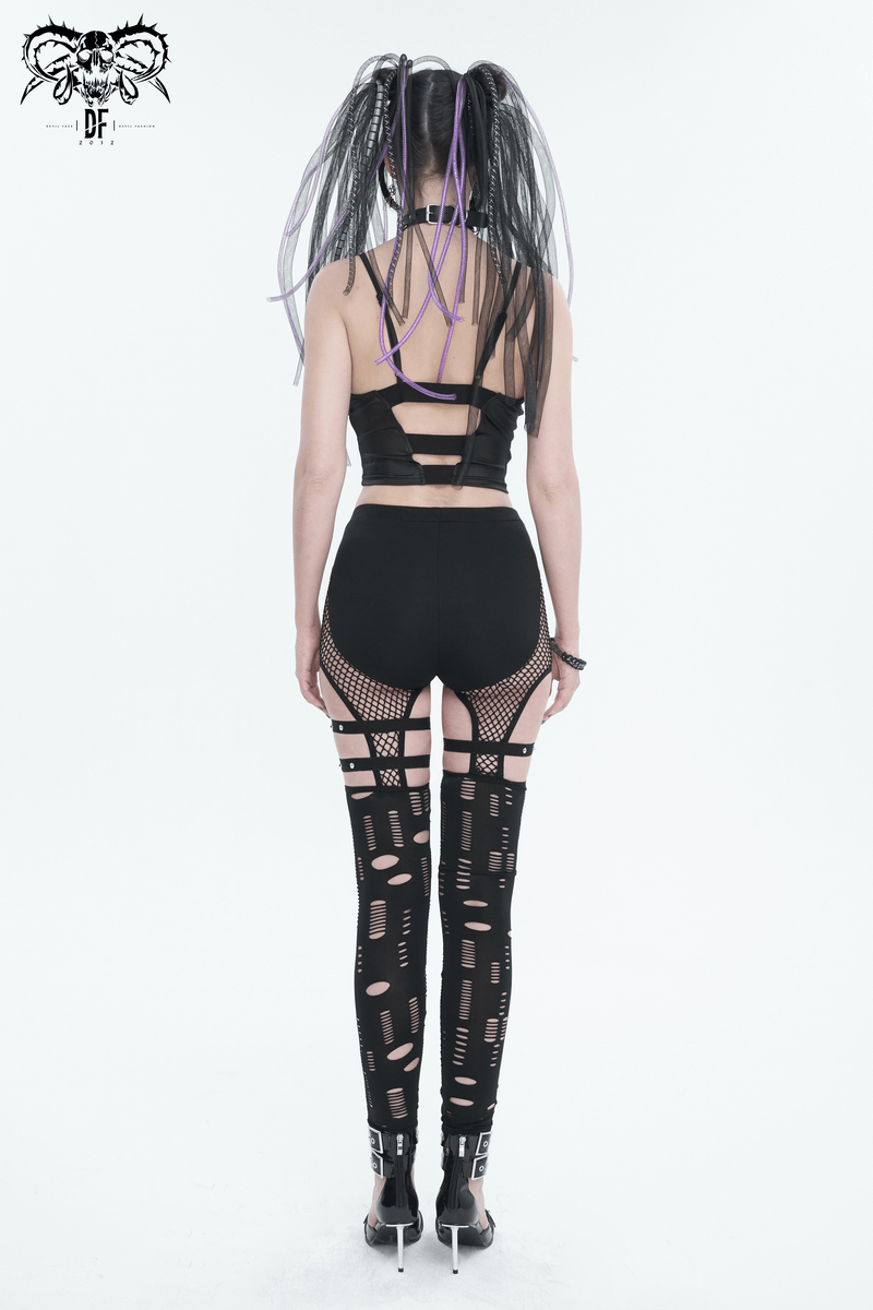 Sexy Hole Net Slim Leggings for Women / Elastic Leggings with Metal Studded Belt Accents on Thigh