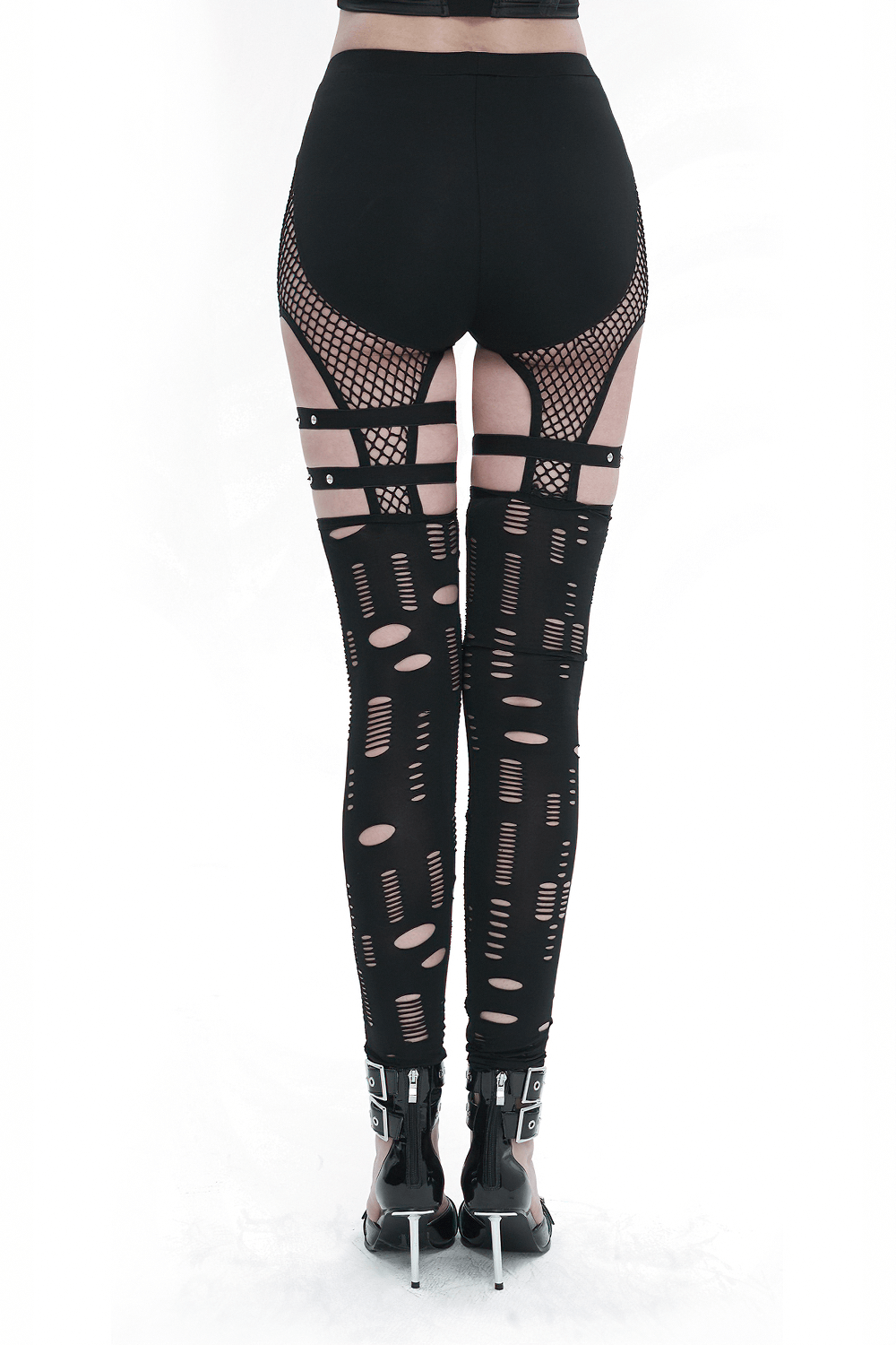 Sexy Hole Net Slim Leggings for Women / Elastic Leggings with Metal Studded Belt Accents on Thigh
