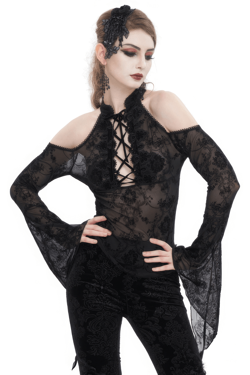 Sexy Hollow Out Shoulder Transparent Top With Trumplet Sleeves