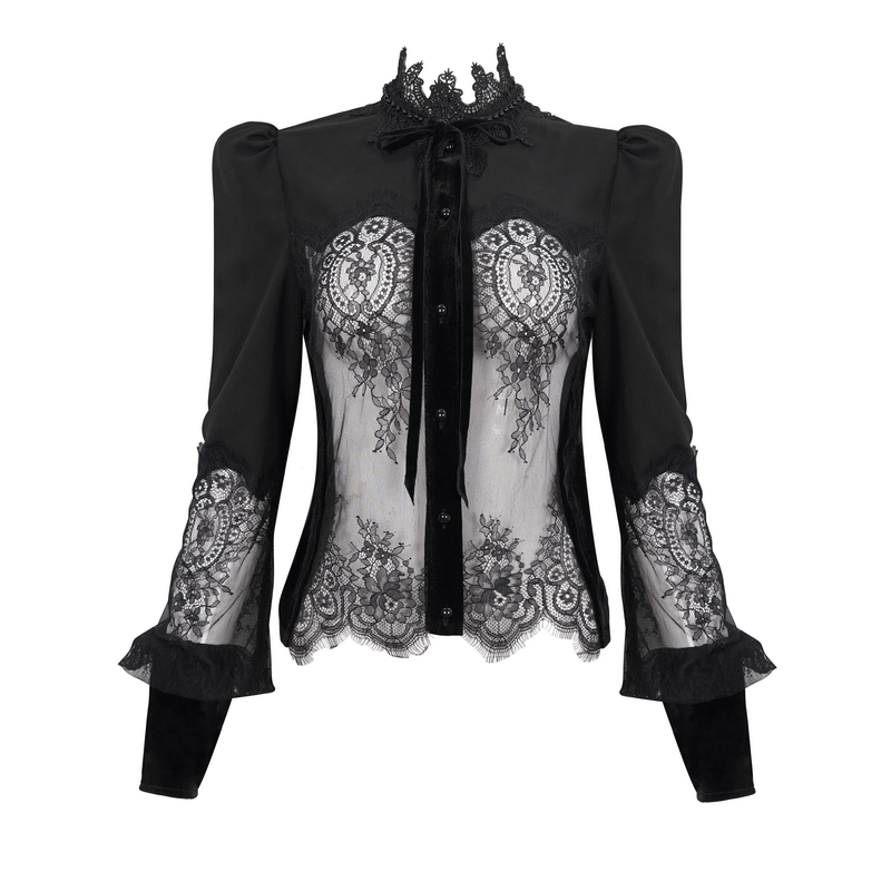 Sexy Lace Long Puff Sleeve Blouse / Gothic Black Transparent Shirt With Buttons