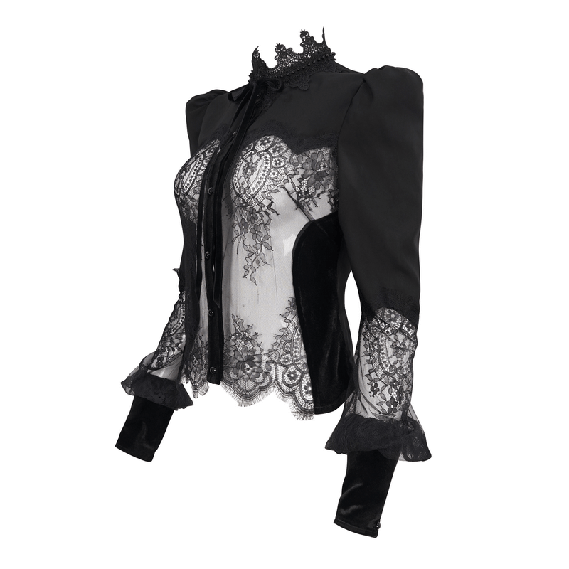 Sexy Lace Long Puff Sleeve Blouse / Gothic Black Transparent Shirt With Buttons
