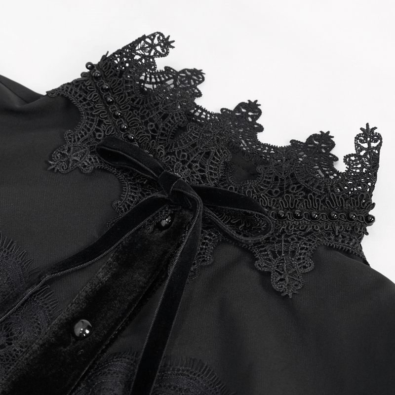 Sexy Lace Long Puff Sleeve Blouse / Gothic Black Transparent Shirt With Buttons