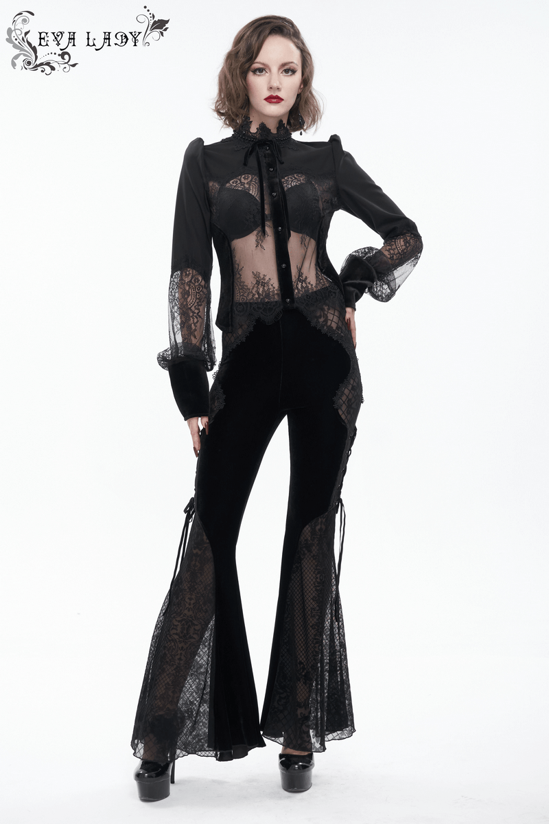 Sexy Lace Long Puff Sleeve Blouse / Gothic Black Transparent Shirt With Buttons
