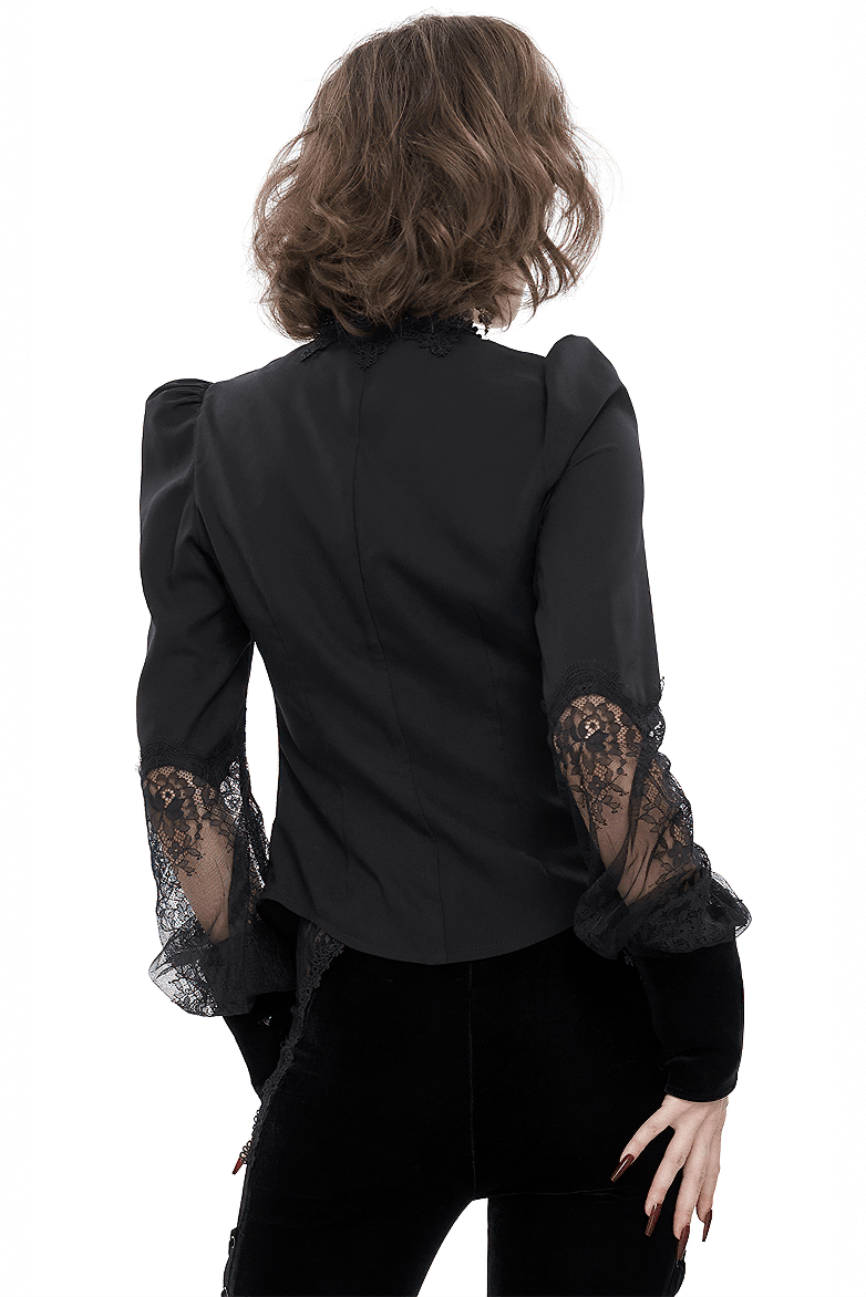 Sexy Lace Long Puff Sleeve Blouse / Gothic Black Transparent Shirt With Buttons