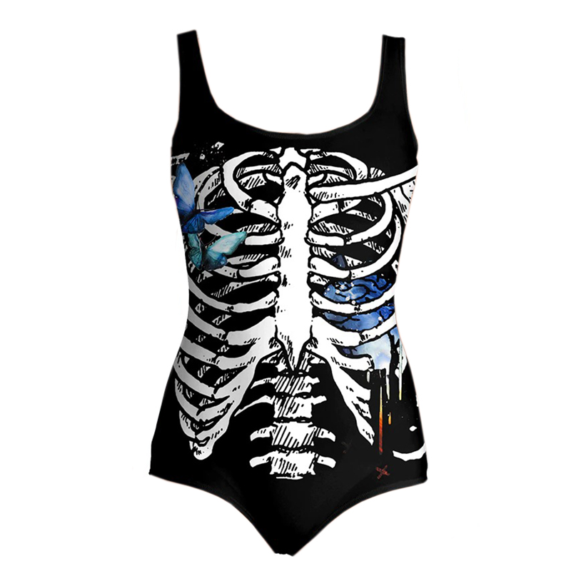 Sexy Ladies Black One Piece Sleeveless Swimwear 3d Printed Skeleton / Sport Swimsuits for Women