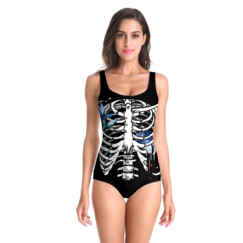 Sexy Ladies Black One Piece Sleeveless Swimwear 3d Printed Skeleton / Sport Swimsuits for Women