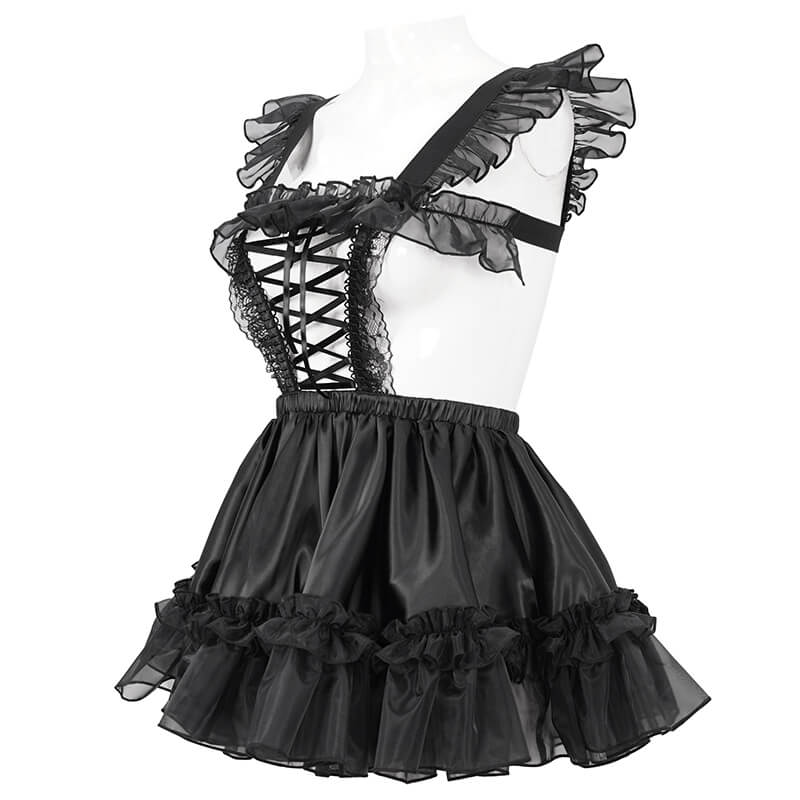 Sexy Ladies Hollow Out Short Lingerie Dress / Black Gothic Women's Dress with Frill and Lace
