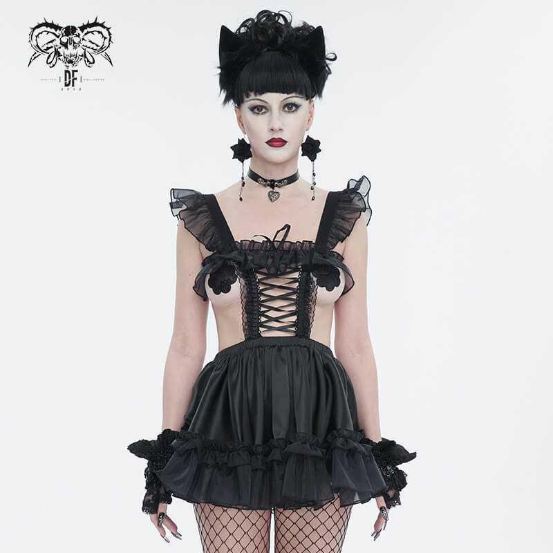 Sexy Ladies Hollow Out Short Lingerie Dress / Black Gothic Women's Dress with Frill and Lace