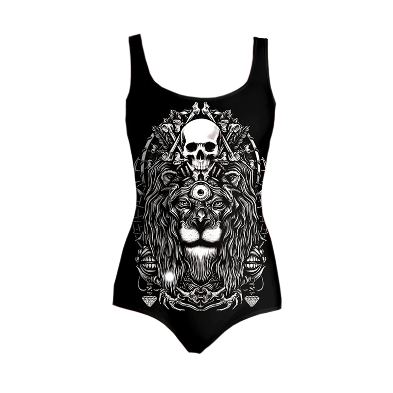 Sexy Ladies One Piece Sleeveless Swimwear 3d Printed Lion Skull / Sport Swimsuits for Women